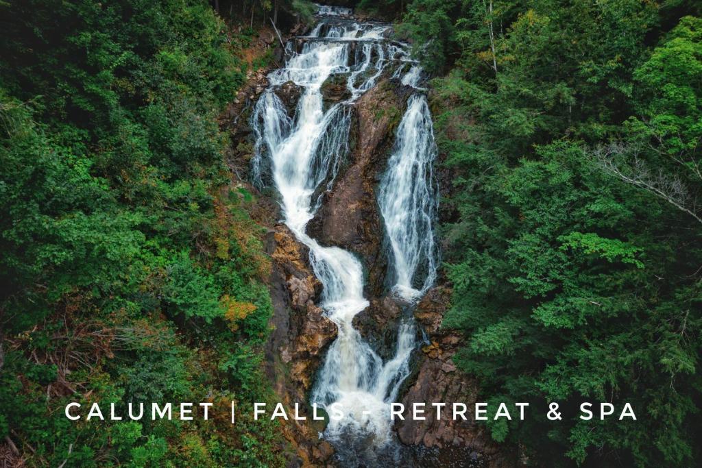 una vista aérea de una cascada en un bosque en CALUMET FALLS - VILLA, en LʼOrignal