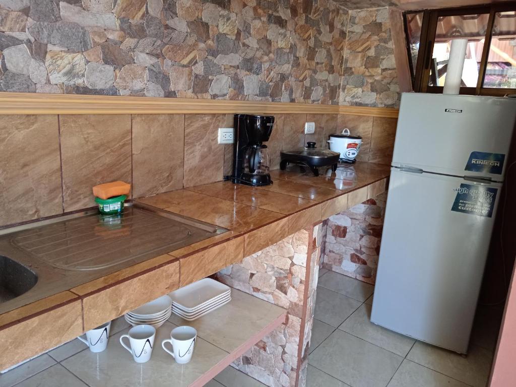 a kitchen with a counter and a refrigerator at Hostal Apartamento con salida al mar in Puerto Limón
