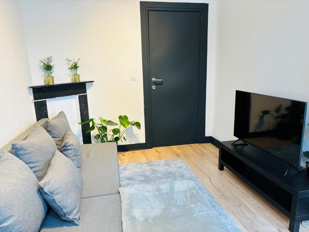 un soggiorno con divano e TV a schermo piatto di Appartement Cosy Liège Station a Liegi