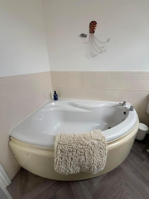 a white tub in a bathroom with a rug on the floor at Annie's Hideaway in Chapel Saint Leonards