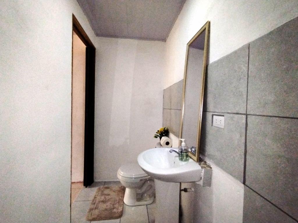 uma casa de banho com um lavatório, um WC e um espelho. em Anluka Estudio em Puerto Jiménez