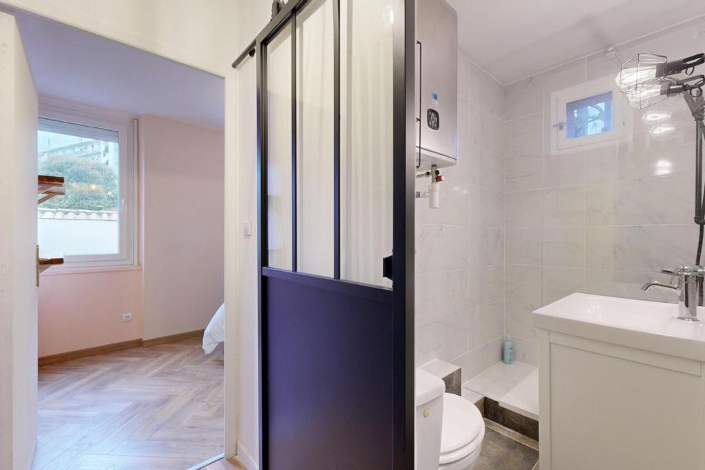 a bathroom with a toilet and a sink at LOVE ROOM with jacuzzi and beautiful terrace in Toulouse