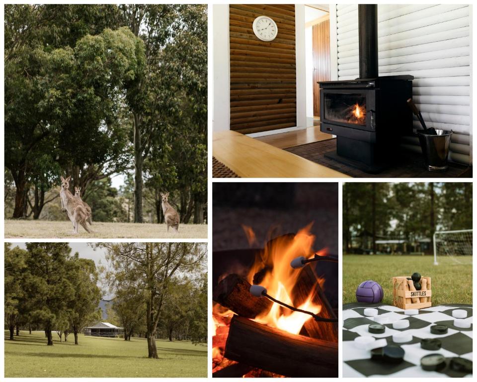 a collage of photos with a squirrel around a fire at Palmers Lane Estate Hunter Valley in Pokolbin