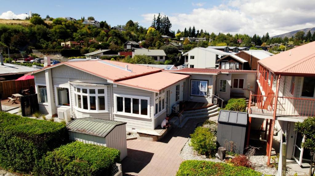 an aerial view of a house in a town at Adventure Wanaka Hostel in Wanaka