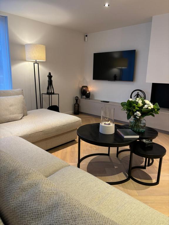 Il comprend un salon doté d'un canapé et d'une table avec une télévision. dans l'établissement Sejoylia Knokke: app 2ch luxueux au centre de KH, à Knokke-Heist