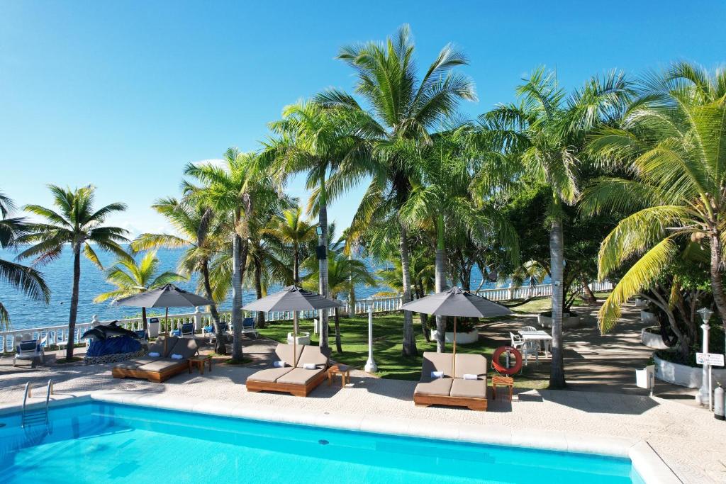 uma piscina com cadeiras e guarda-sóis e palmeiras em Hotel Cocoliso Island Resort em Isla Grande