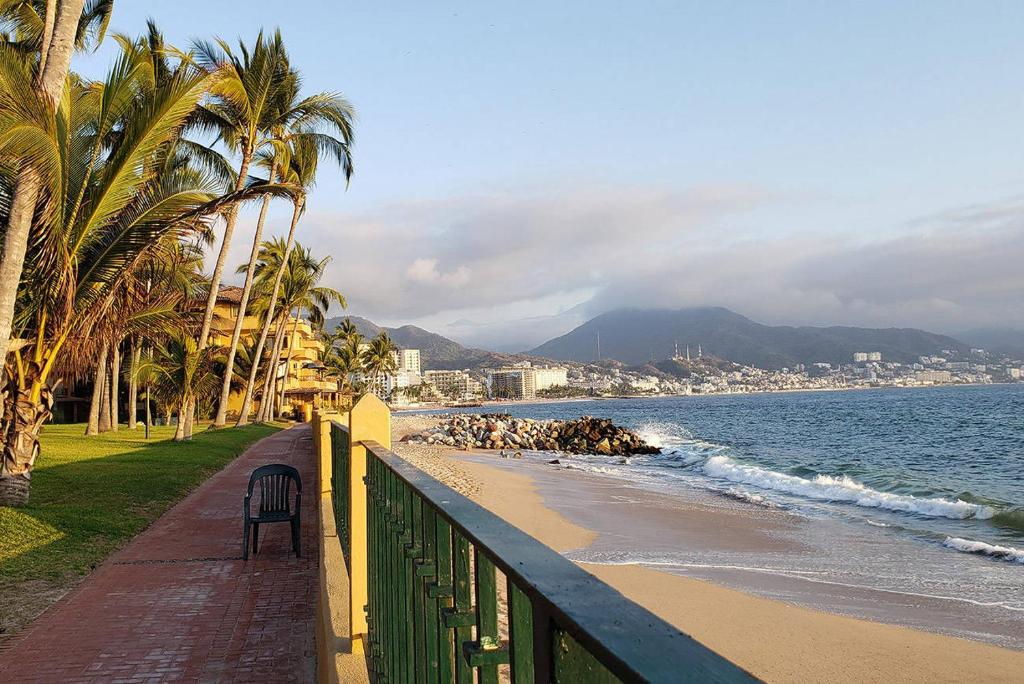 une plage avec une clôture, des palmiers et l'océan dans l'établissement Los Tules Standard Hotel Room 903 - 3rd floor, à Puerto Vallarta