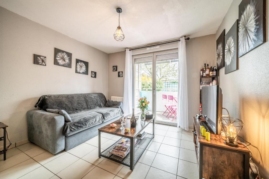 a living room with a couch and a tv at Chez Tata Sylvie in Thonon-les-Bains