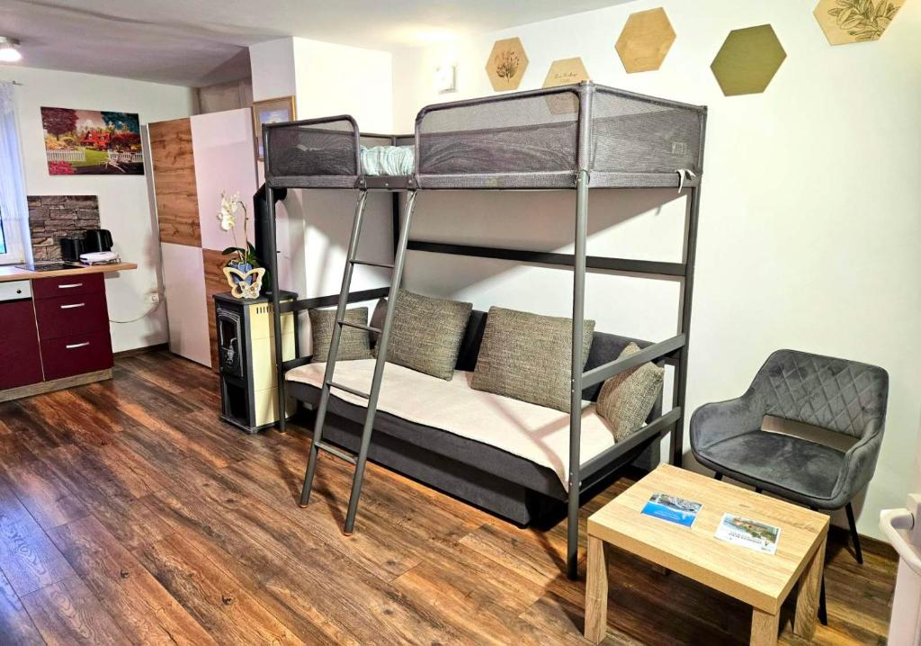 a room with two bunk beds and a chair at Apartments Karin in Bled
