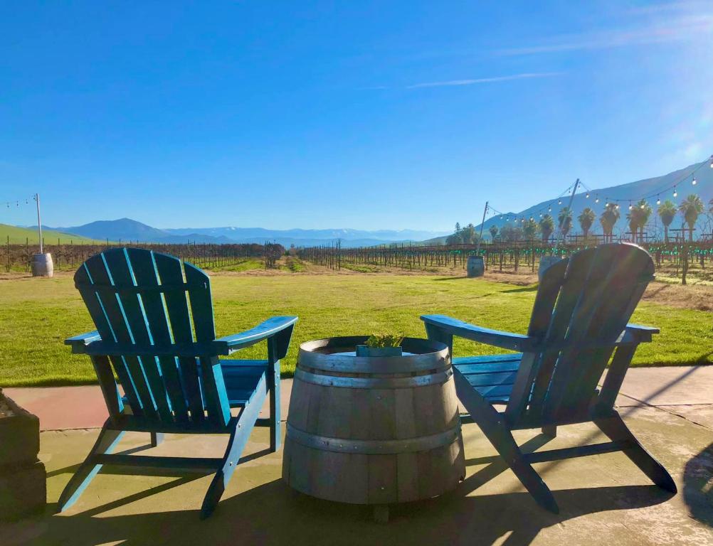 two blue chairs sitting next to a barrel at Sequoia View Vineyard in Sanger