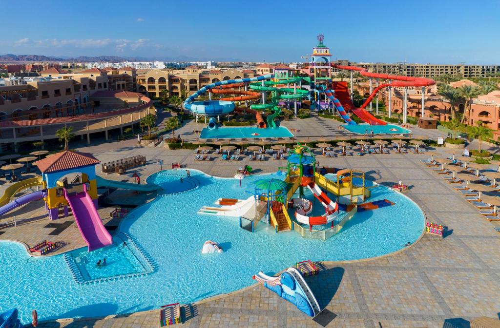 an aerial view of a water park with slides at Charmillion Gardens Aquapark in Sharm El Sheikh