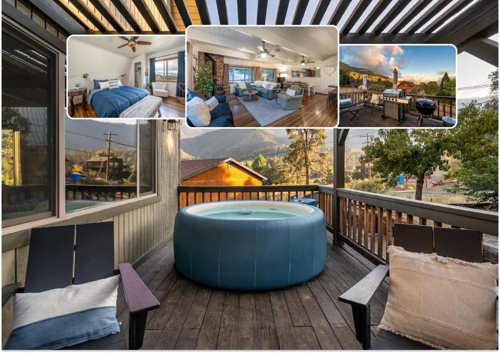 een collage van foto's van een huis met een bad op een terras bij Mountain and Valley View with Hot Tub and BBQ in Frazier Park