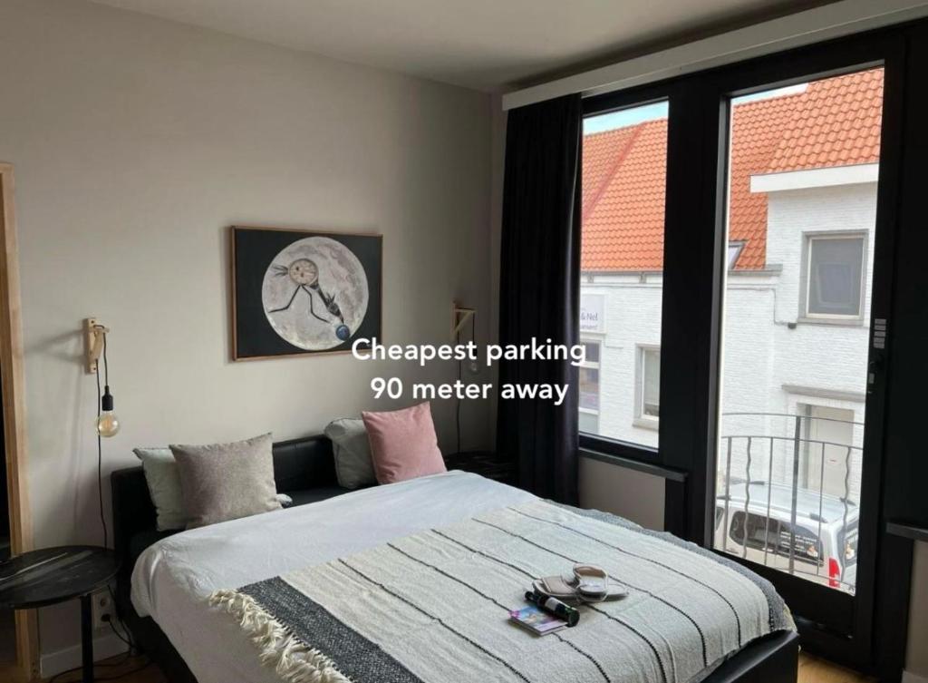 sypialnia z łóżkiem i oknem w obiekcie Good night Leuven -Self check-in w mieście Leuven