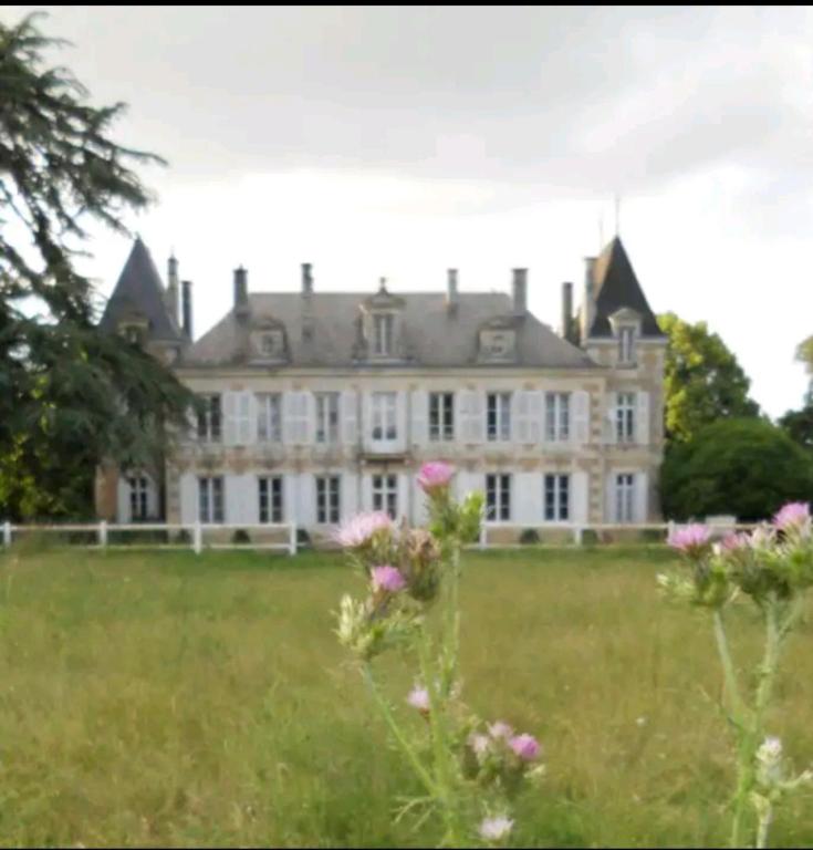 une grande maison dans un champ avec des fleurs au premier plan dans l'établissement Château de famille en Poitou, à Coudavid