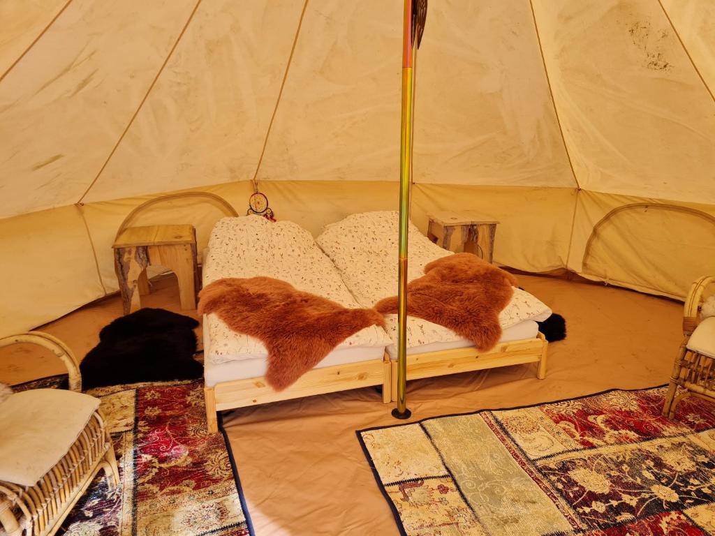 a room with a bed in a tent at Naturlig Viis in Øster Ulslev