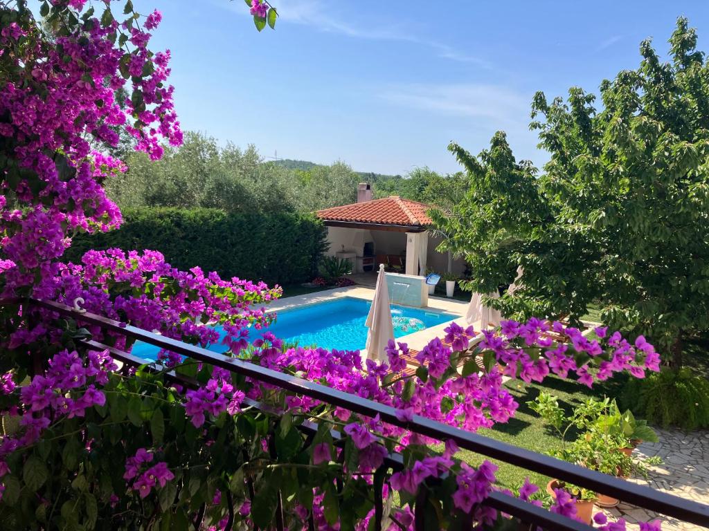a villa with a swimming pool and purple flowers at Apartments Maras in Poreč