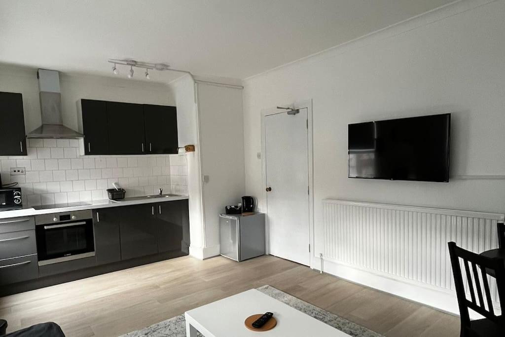 a living room with a kitchen with black appliances at Cosy one-bedroom furnished flat! in Seven Kings