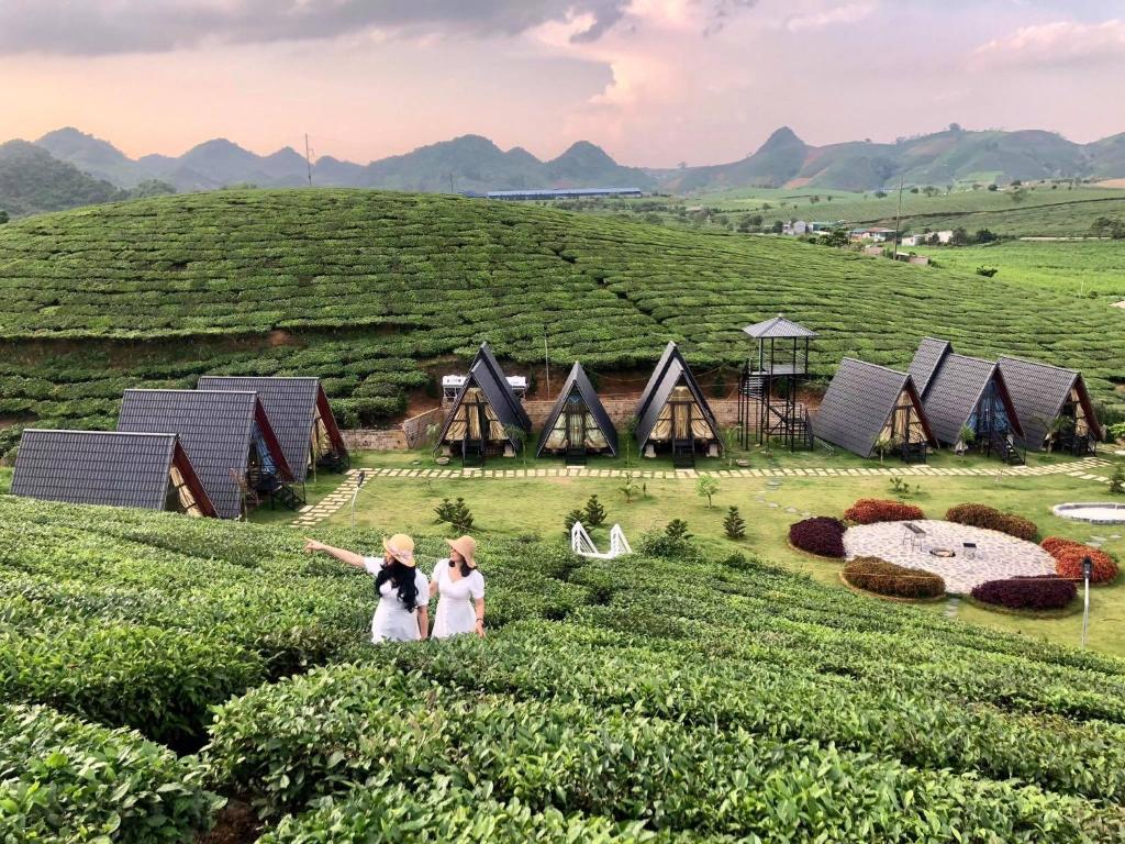 dos mujeres caminando en un campo de plantaciones de té en Thung Lũng Ba Đồi Chè, en Mộc Châu