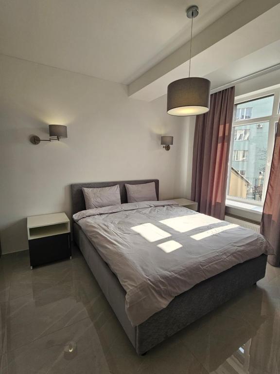 ein Schlafzimmer mit einem großen Bett und einem Fenster in der Unterkunft Chisinau Central Apartments in Chişinău