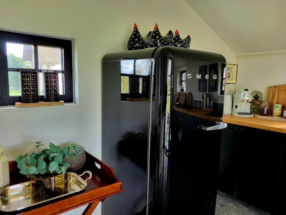 a black refrigerator in a kitchen with a counter at Gîte au Haras d'Agathe et ses princes in Les Barils