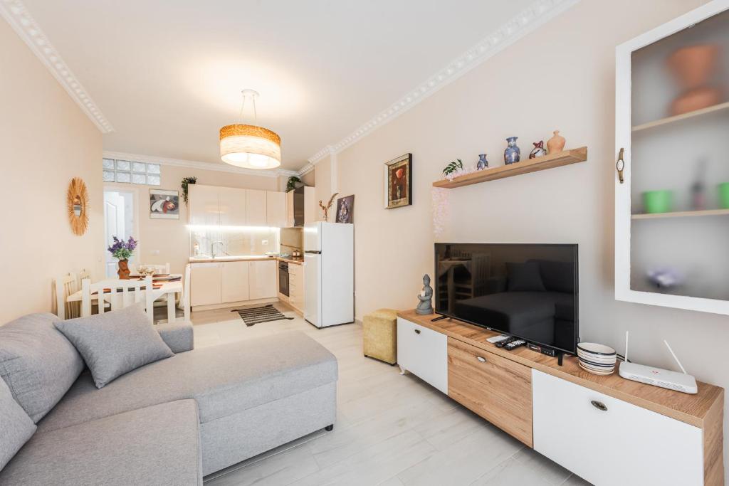 a living room with a couch and a flat screen tv at Helia's Cozy Apartment Qerret in Golem