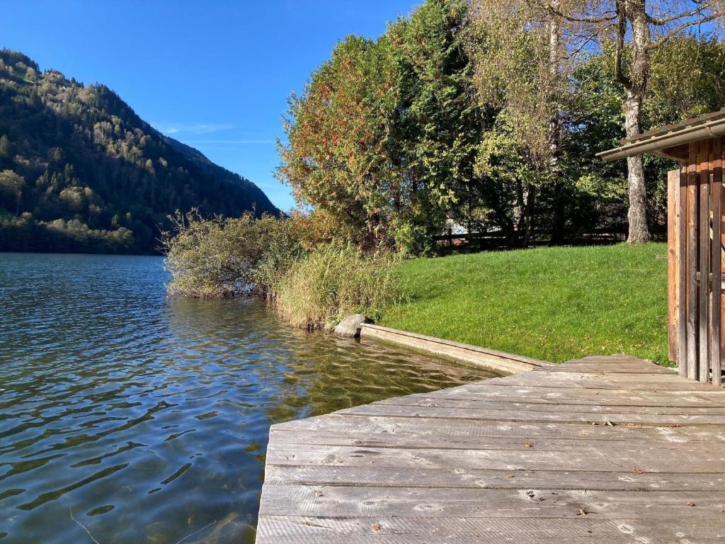 a wooden dock next to a body of water at Studio für 2 Personen 1 Kind ca 40 qm in Feld am See, Kärnten Brennsee in Feld am See