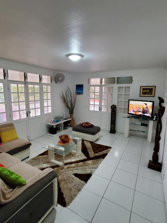 a living room with a couch and a tv at Villa Iguanina120m2-WIFI-300m plage-4 pers in Le Gosier