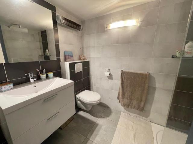 y baño con lavabo, aseo y espejo. en Villa T3 6 couchages - Piscine-WIFI-Garage en Saint-Cyprien