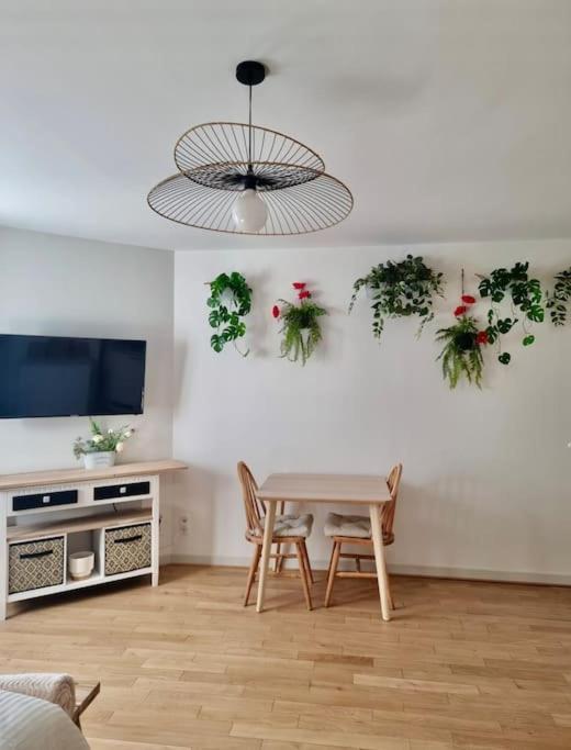 un salon avec une table et des plantes sur le mur dans l'établissement Studio le coquelicot, à Moulins