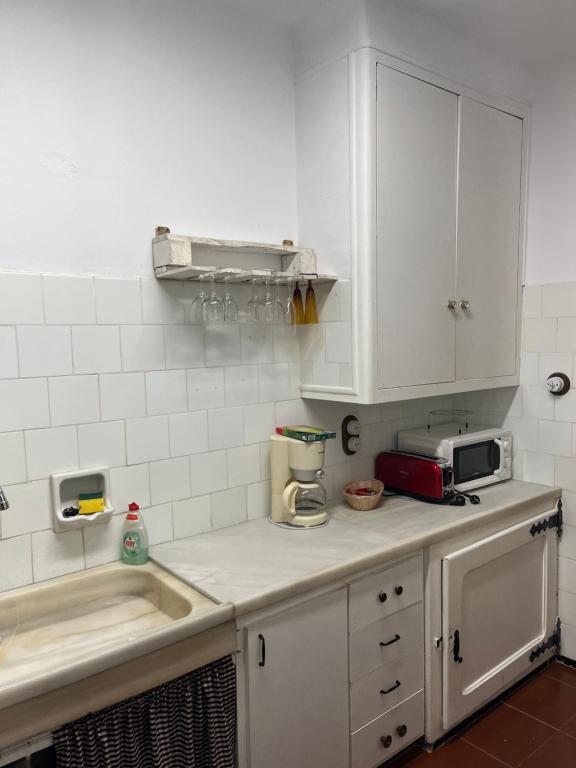 a kitchen counter with a sink and a microwave at Casa iaia in Monistrol