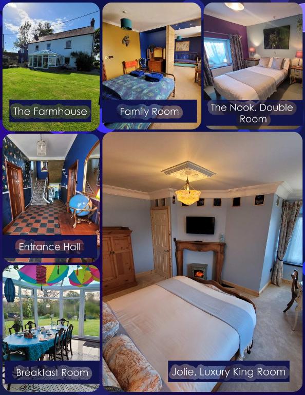 a collage of four pictures of a bedroom at Farmhouse B&B Family stay or Romantic break, on our smallholding close to Narberth in Narberth