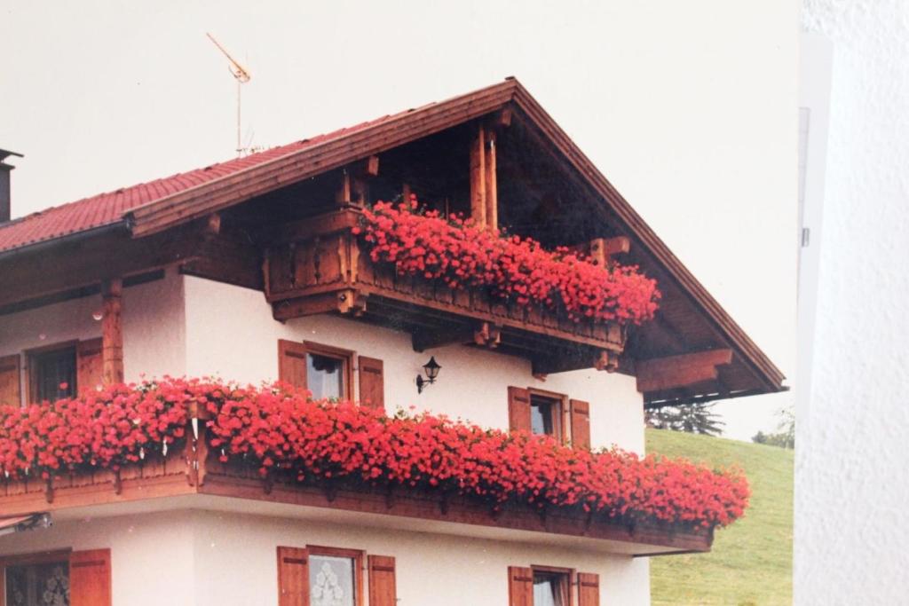 a building with red flowers on the side of it at Panoramaausblick auf Berge, See und Ort in ruhiger Lage in Lechbruck