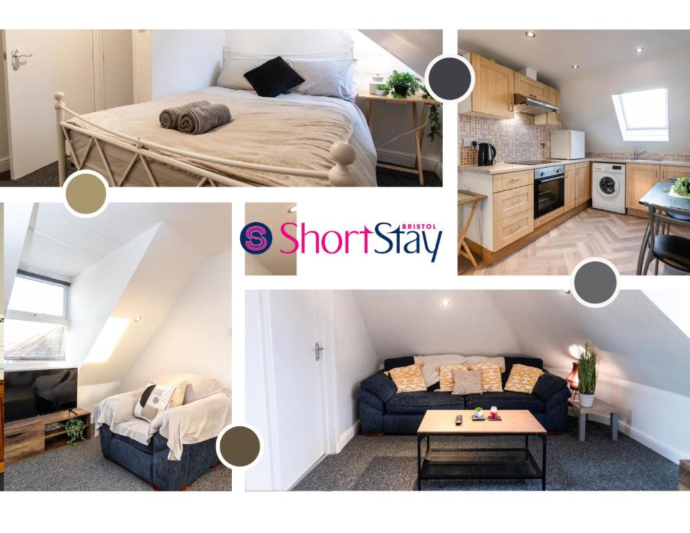 um quarto com uma cama e um quarto com uma cozinha em May Disc - Long Stay - Contractors em Bristol