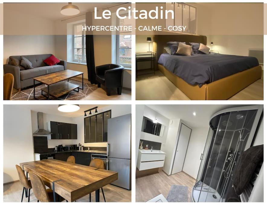 a collage of four pictures of a room at Hypercentre * Calme * Cosy - Le Citadin in Pontarlier