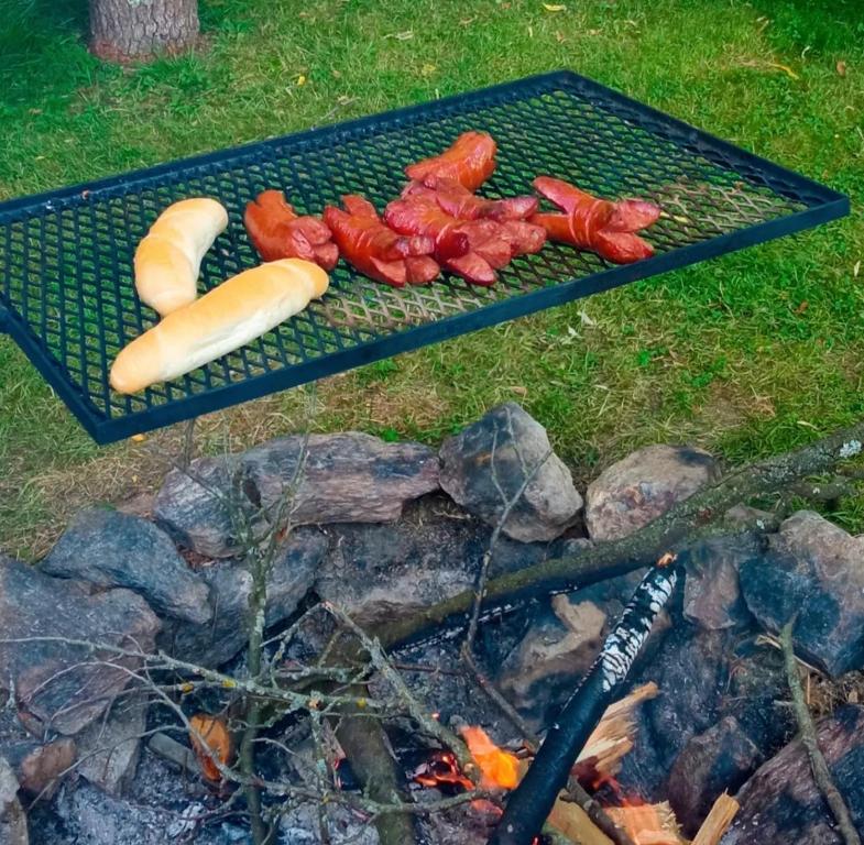 einen Grill mit Hot Dogs und Hot Dogs neben einem Feuer in der Unterkunft Pension Fanlor in Zubčická Lhotka