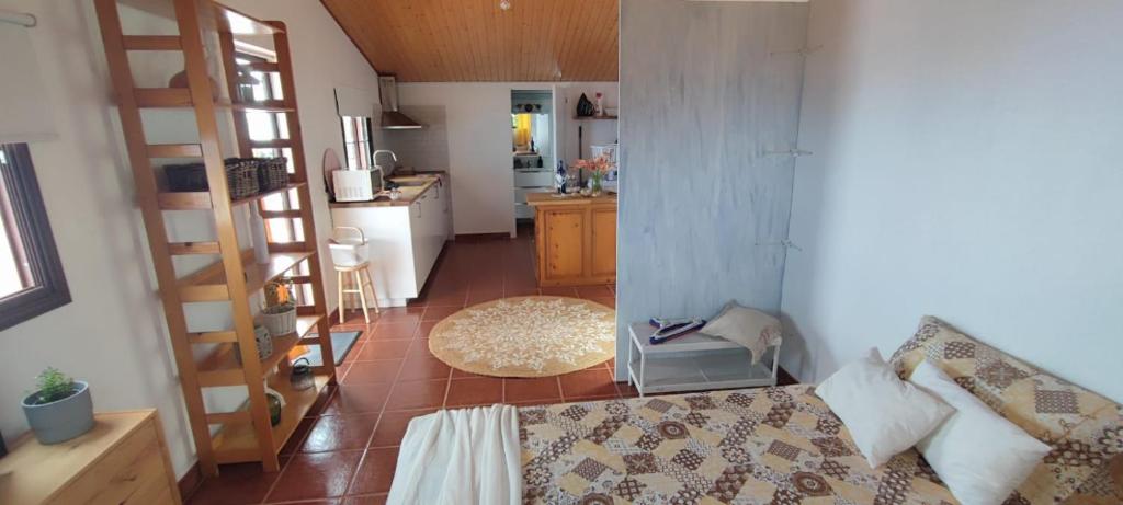 uma sala de estar com uma cama e uma cozinha em Estudio los cipreses em Breña Alta