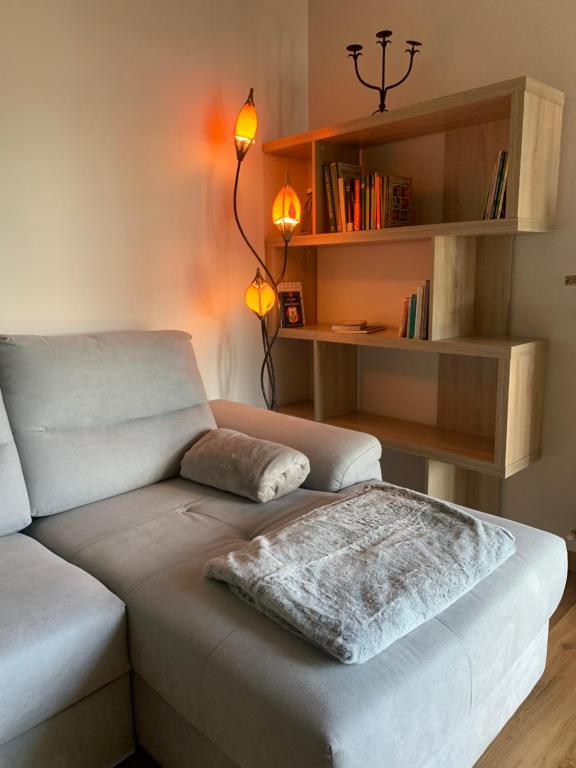 een woonkamer met een bank en een boekenplank bij OASI ZEN VARESE - Tra laghi e monti - in Varese