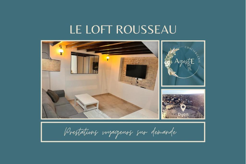 a collage of a living room with a tv at Le loft Rousseau in Dijon