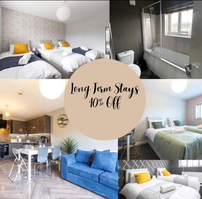 a collage of photos of a bedroom with beds and a living room at Large Contractor House/ Fits 10/ Free Parking/Discount Long Term Stays in Leeds