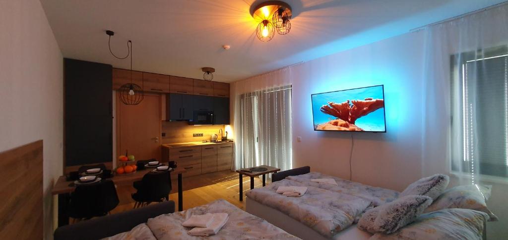 een woonkamer met een bank en een kamer met een woonkamer bij Ski&Bike Apartment Janské Lázně + Parking in Janske Lazne