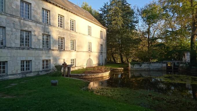 a large building with a pond in front of it at Logis Hôtel Le Relais du Moulin in Valençay