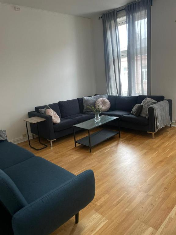 a living room with a blue couch and a table at Private Rom for two in Oslo City center-Main Street-Walking distance in Oslo