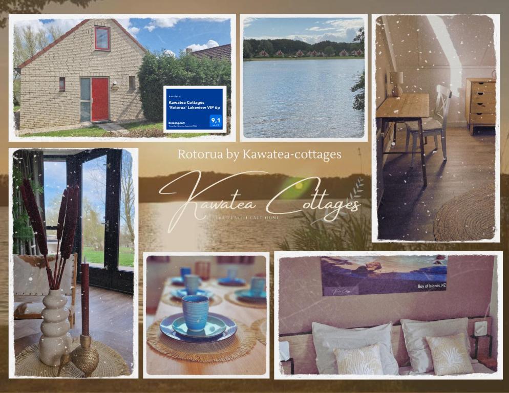 een collage van foto's van een huis en water bij Lakeview 'Rotorua' 4-6 pers by Kawatea Cottages in Ewijk