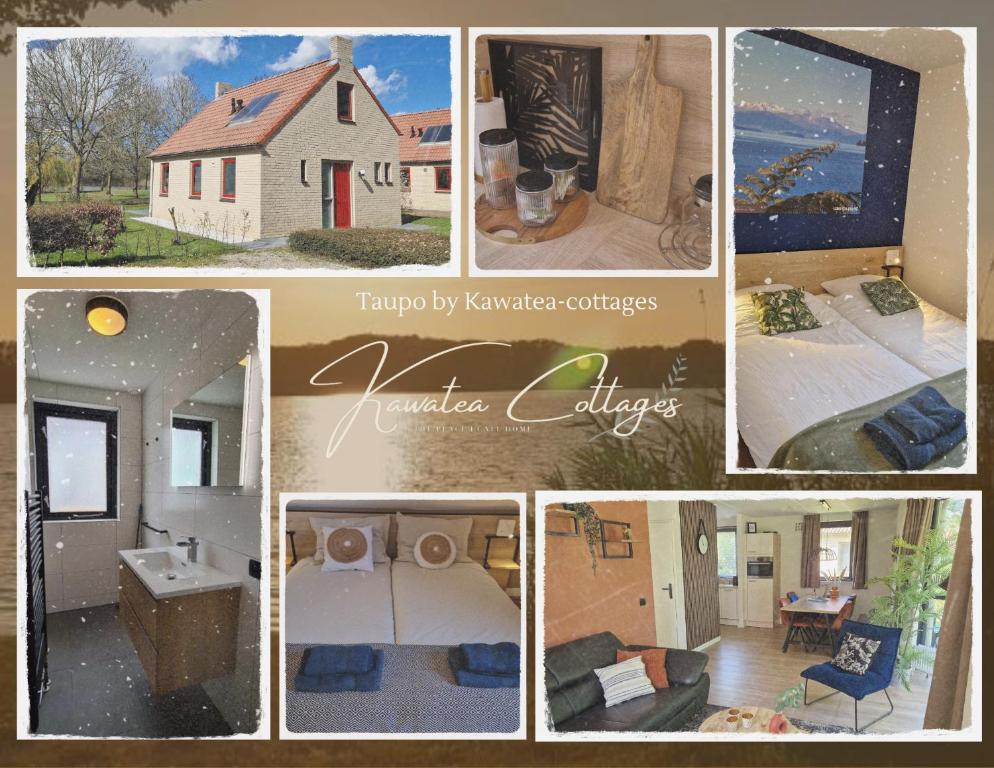 un collage de fotos de una casa y una casa en Lakeview 'Taupo' 4-6 pers by Kawatea Cottages en Ewijk