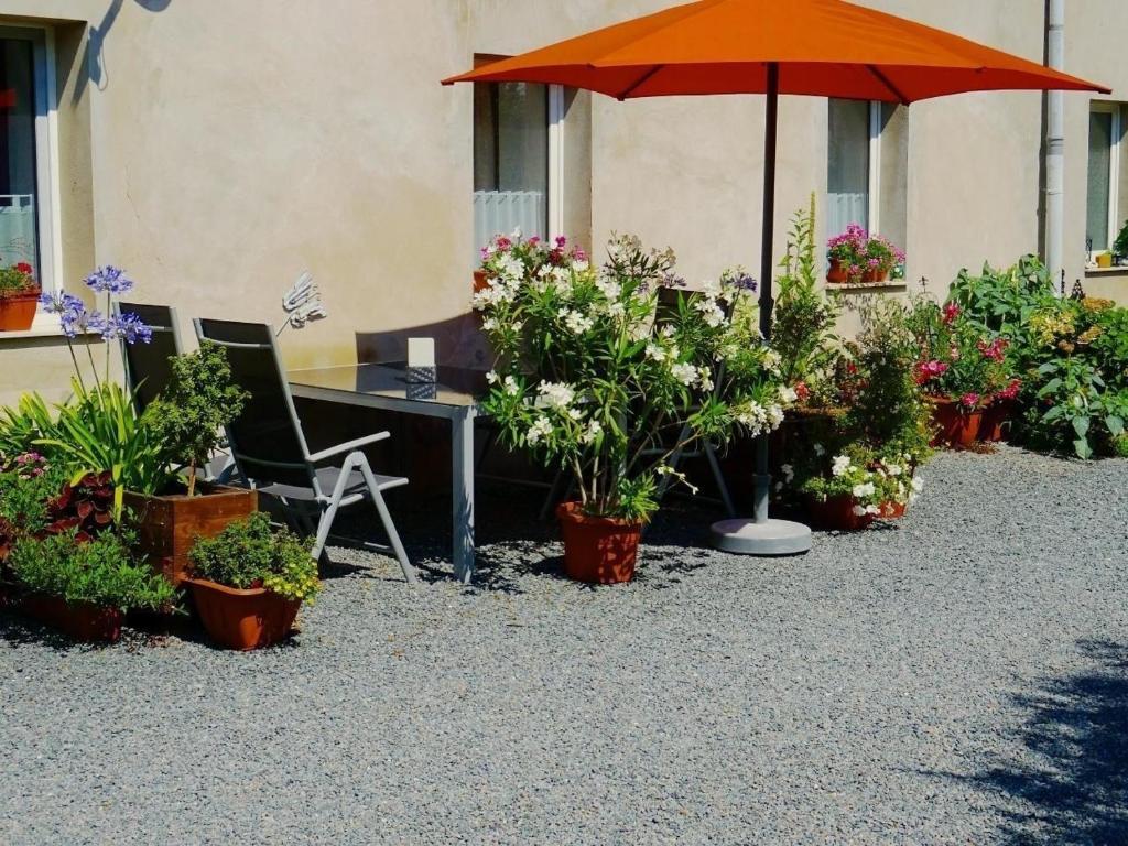 KreischaにあるFerienwohnung Sobrigauの橙傘、鉢植えのテーブル