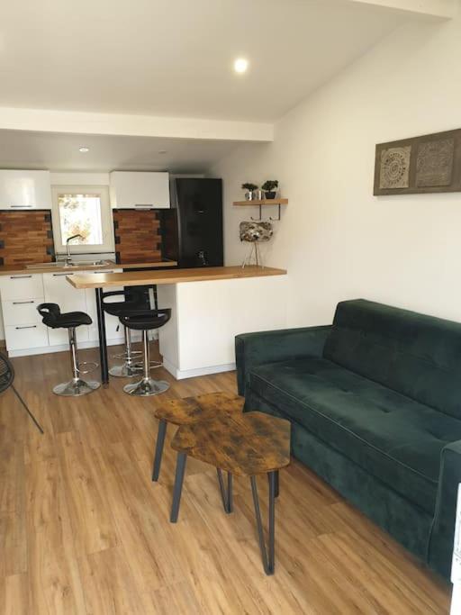 un salon avec un canapé vert et une table dans l'établissement L'appel de la forêt, à Quincy-sous-Sénart