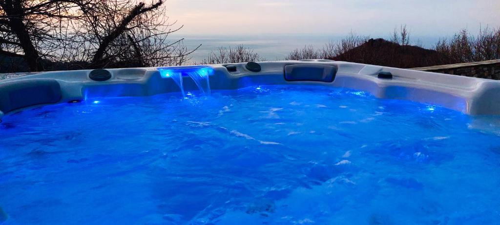 a large hot tub with blue water in it at A Dream Deferred villa Pelion in Kissós