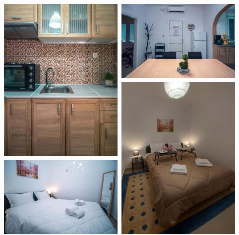 un collage di quattro foto di una cucina e di una camera di Angie's House Volos a Volos