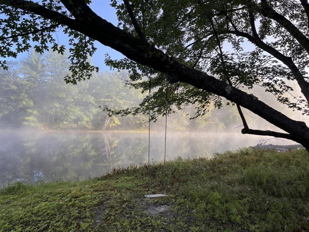 a swing in front of a lake in the fog at THE RIVER HOUSE LIMIT 6 home 