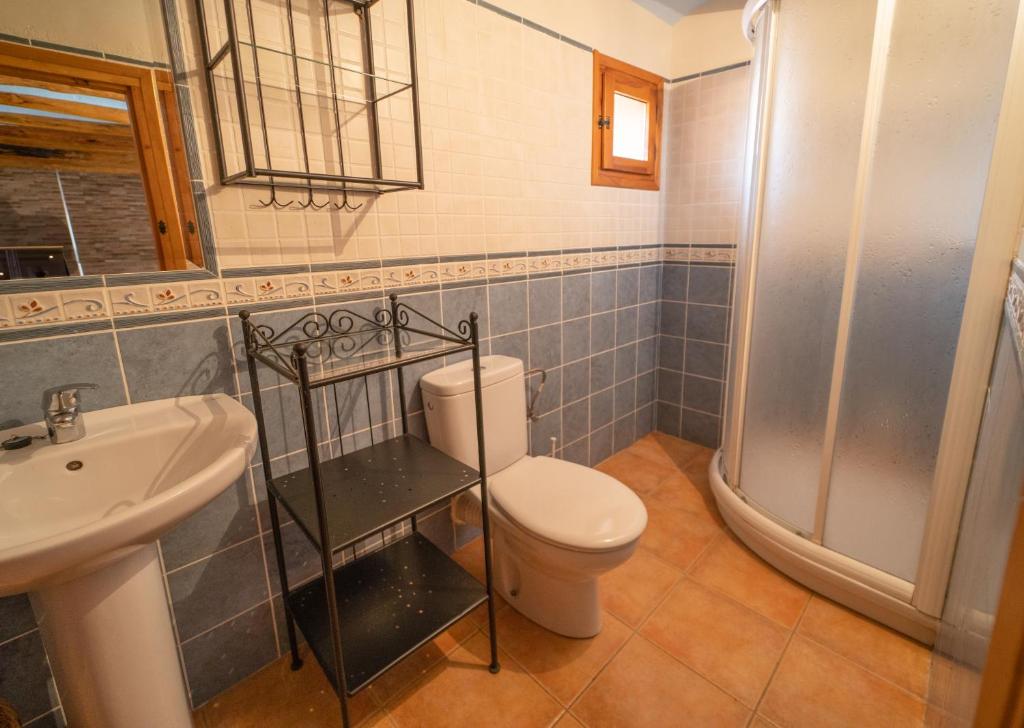 uma casa de banho com um WC, um lavatório e um chuveiro em Apartamentos la Rambla Callizo em Montalbán